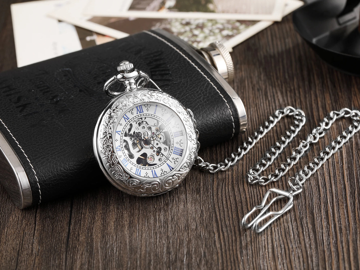 GORBEN Adults Manual Hand Wind Silver Hallow-Out Face Round Shaped Metal Alloy Case Analog Display Roman Numerals Pendant Chain-Pocket Watches/Optional: With Box-Without