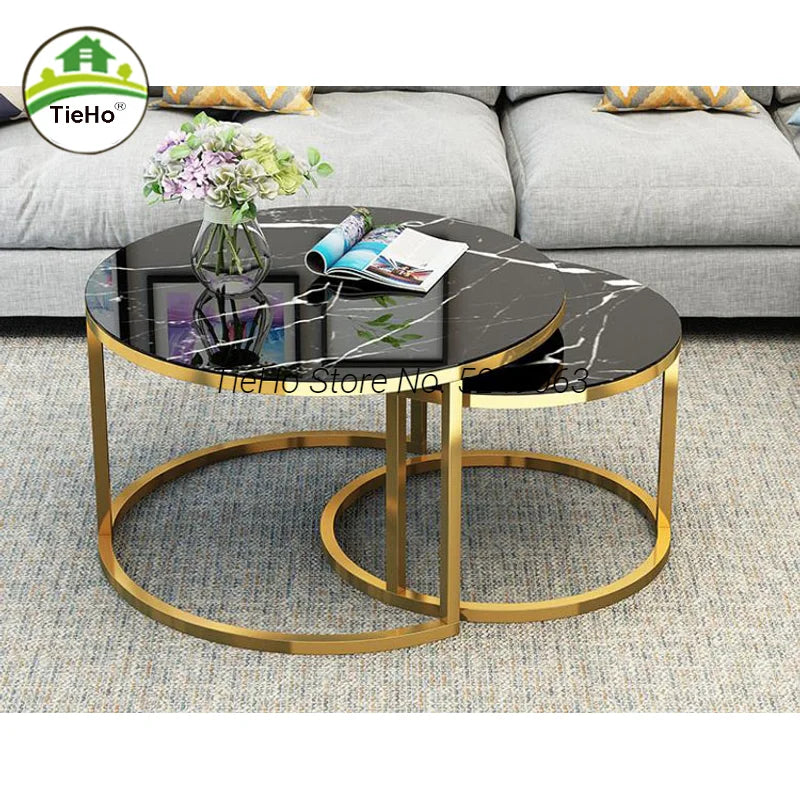 TIEHO Modern 2-In-1 Combination Cafe Black Round Shaped Tempered Glass Tabletop White Iron Metal Frame Base Nesting Coffee Table Sets