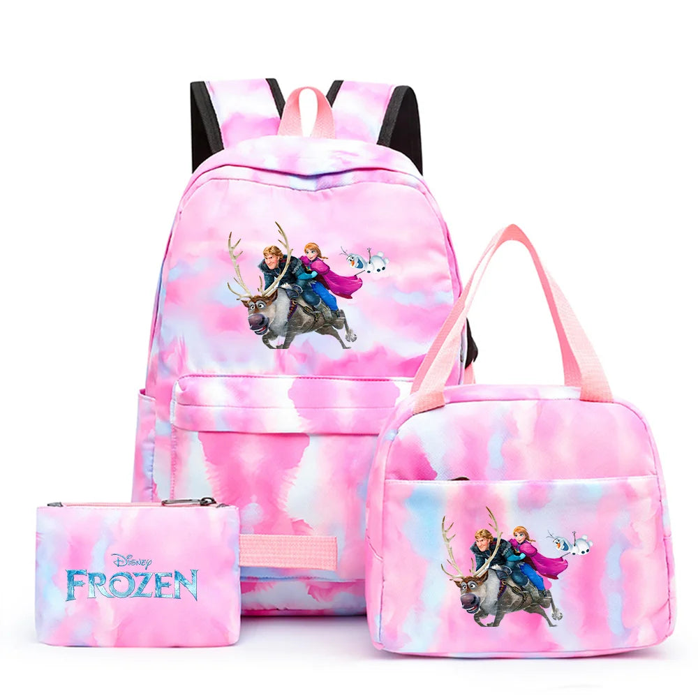 Disney Kids Cute Cartoon Frozen Movie-Elsa-Anna Multicolor Large Waterproof Nylon Fabric Zipper Pockets Shoulder Straps-Handle Single Compartment School Backpacks Sets/ Lunch Bag/Pencil Bag/Colors-Pink/Blue/Multicolor