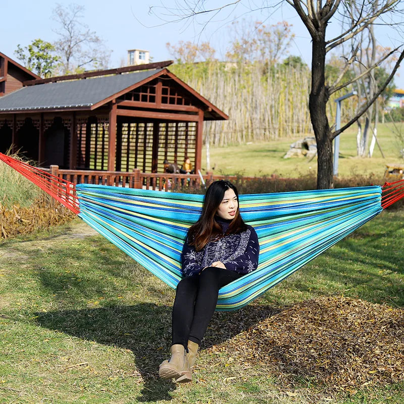 No-EN-Name-Null Outdoor-Indoor Canvas Fabric One Person Thicken Striped Hammocks /Colors-Coffee/Blue/Red/Load Bearing 200 Weight 650