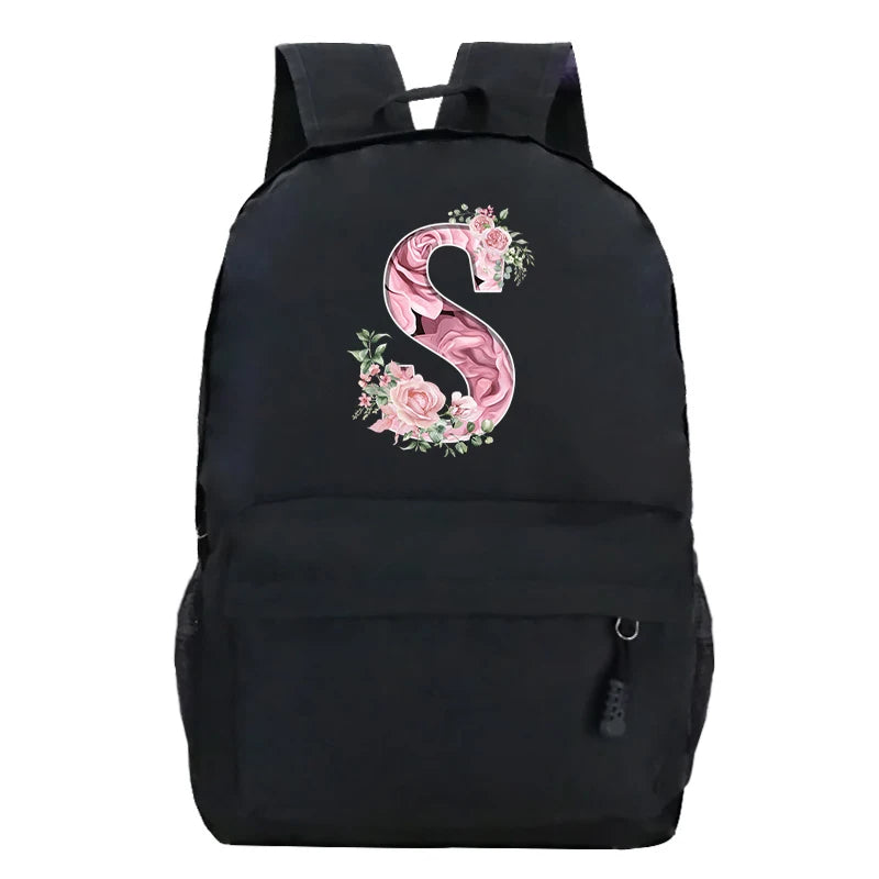 No-EN-Name-Null Waterproof Large Black Softback Nylon Fabric Printed Floral Pink Rose First Name Initial Letter Curved Back Zipper Canvas Lining Built-In Laptop Compartment Shoulder Straps-Handle Zippered External Pockets School Backpacks