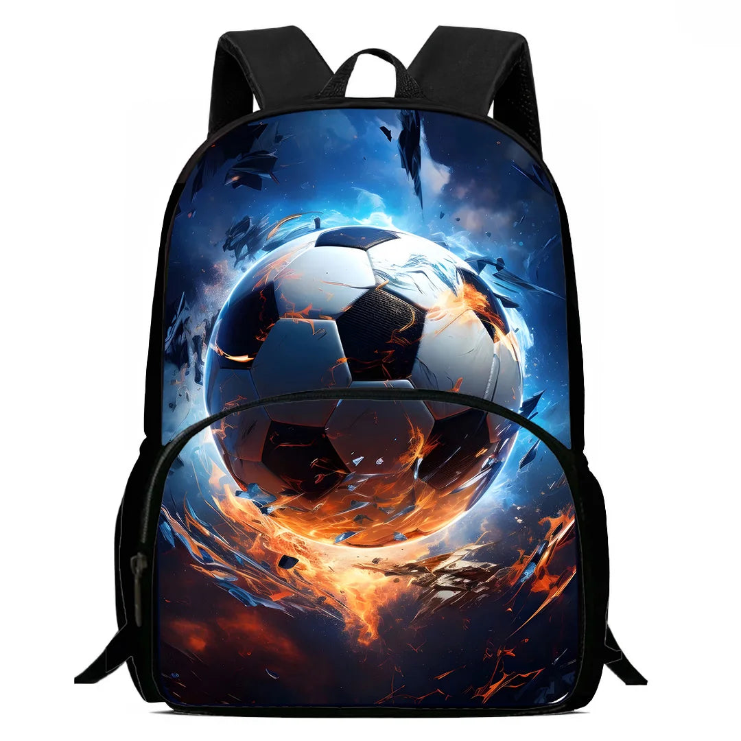MINISO Kids 3 PCS Large Waterproof Nylon Fabric Zippers Exterior Pockets Printed-Burning Flames Soccer Ball Design Curved Back Shoulder Straps-Handle Sports IPAD Compartment School Backpacks/Color-Black/White/Blue/Multicolor