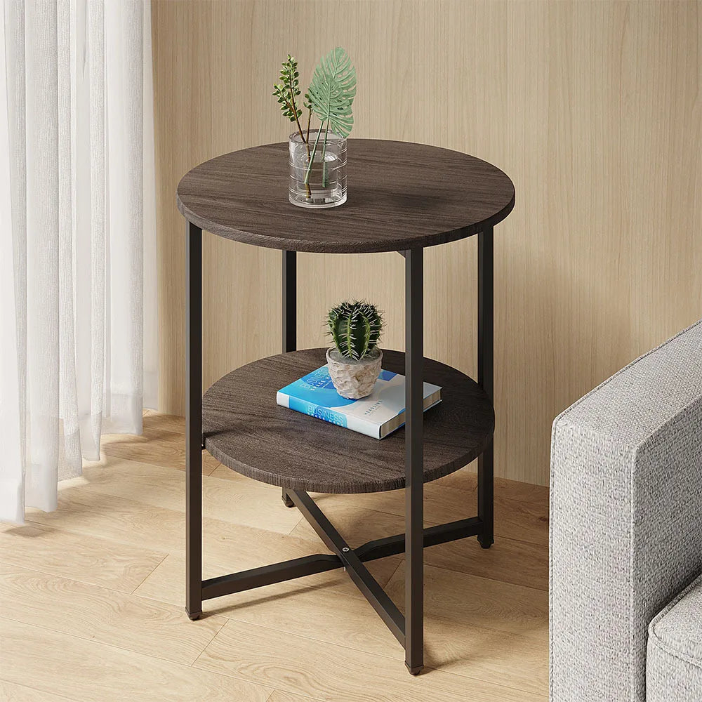 LIVING AND HOME Modern 2 Tier Small Round Shaped Brown Walnut Wood Top Compact Black Iron Metal Frame End Tables /Black Iron Base/ 40cm Table Top