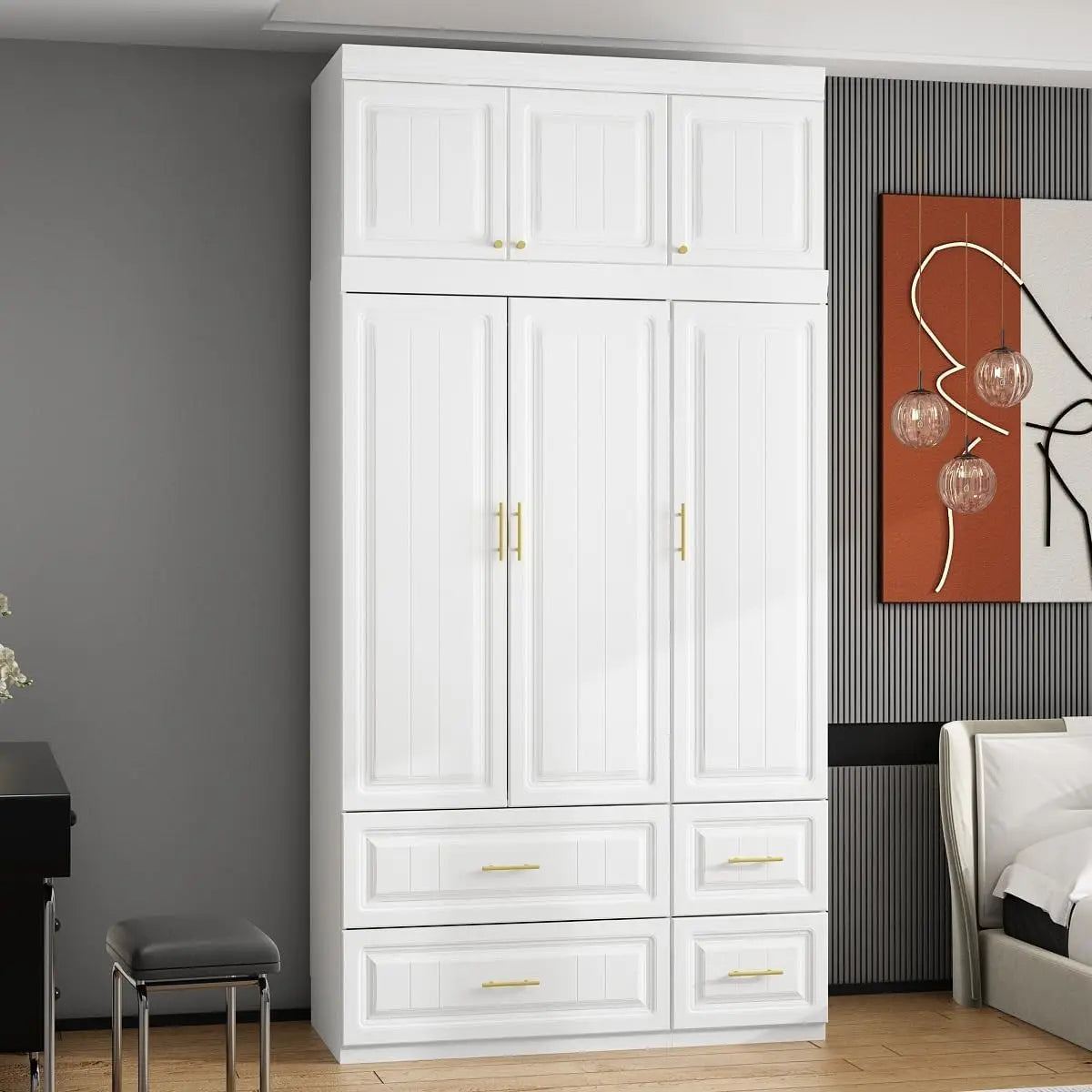 XMSJ Modern White MDF Wood Three-Doors Top Cube Storage One Hanging Rod Gold Metal Handles Four Drawers Bedroom Armoire Triple Wardrobes/Shelves/Dimensions: 47.2"W x 20.6"D x 93.9"H