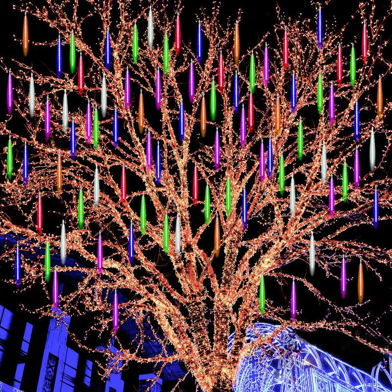 DOMPLA Outdoor Waterproof Multicolor Meteor Shower Effect Long Rain Drop Shaped Warm White LED Garland Light Ropes-Strings/Colors-Multicolor/Blue/White