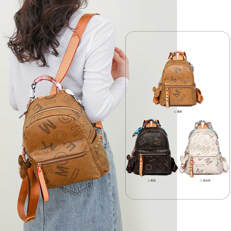 Women Disney's Waterproof Brown Faux Leather Geometric Letter Design Mickey Head Zipper Resin Mesh External Rear Pocket Detachable Straps-Handle Built-In Single 7.9 IPAD Compartment External Frame School Backpacks/Colors-Brown/Beige/Black