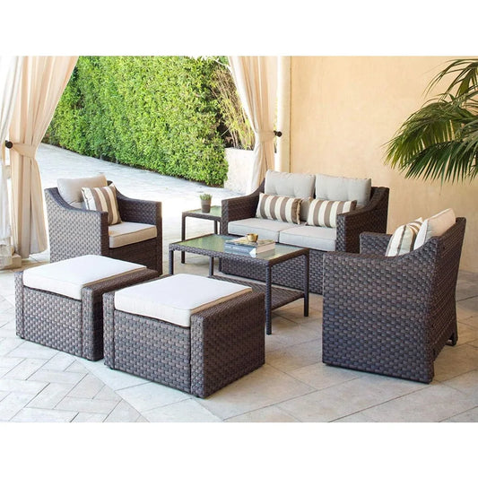 No-EN-Name-Null Outdoor Modern Manhattan Series 7-PCS All-Weather Brown Rattan Wicker Iron Metal Frame Patio Furniture Sets/2 Chairs /2 Ottoman/Loveseat /Glass Top End-Coffee Tables/ Striped Pillows/Colors-Beige/Brown/Striped/Multicolor
