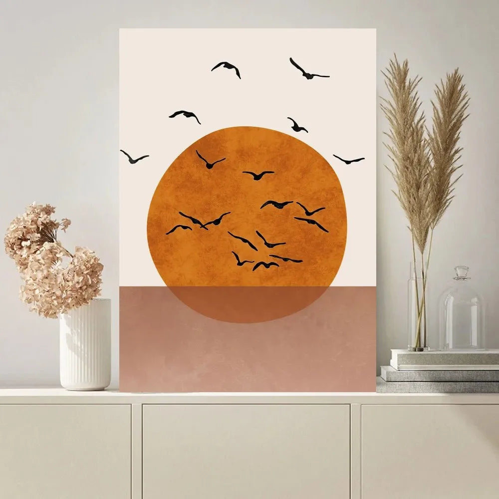 No-EN-Name-Null Modern Art Unframed Abstract Beige Background Winter Black Trees-Orange Suns-Black Birds Minimalist Rectangle Shaped Prints/Colors-Black/Beige/Yellow/Green/Blue/White/Orange/Multicolor/Geometric/Floral