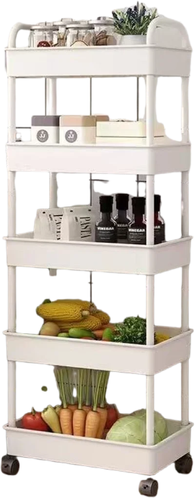 3-5 Tiers Plastic Kitchen Shelves Storage Caddies/4 Wheels/Colors-White/Black