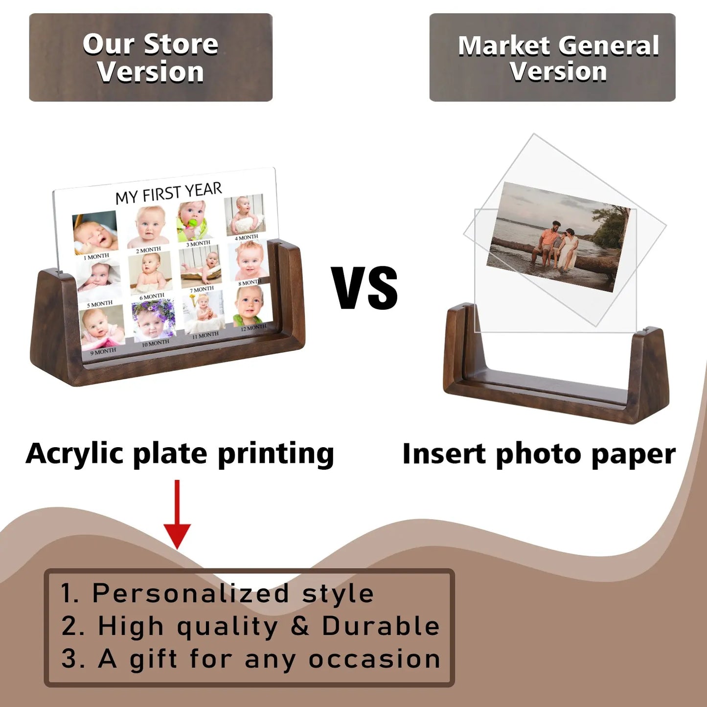 Rectangle Beech-Walnut Wood Trim Acrylic Plate Personalized My First Year Picture Frames/Sizes: S-6 x4 inch-M-7 x 5 inch-L-8 x 6 inch /Colors-Brown/Beige