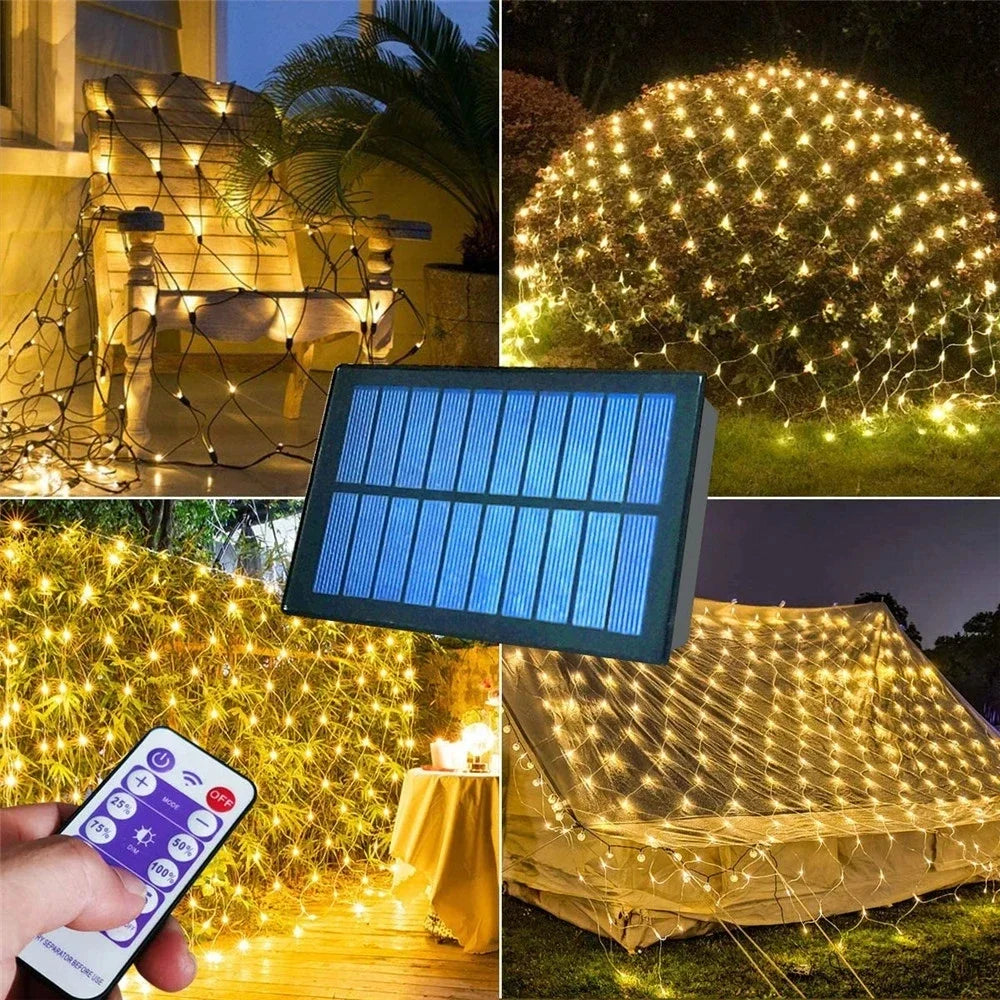 Outdoor-Indoor Plastic Body Solar-Powered Remote Control Dimmable Waterproof Multicolor Holiday LED Net Mesh Warm White Light Ropes-Garland String Lights/Colors-Multicolor/White/Blue