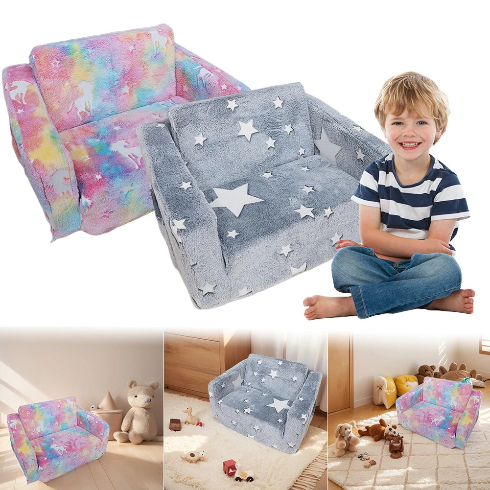 SHUNMAII Modern Babies-Toddlers Upholstered Sponge Padding One-Seat Glow-In-The-Dark-Stars-Half Moons-Clouds Design Soft Gray Polyester Fabric Fold-Out Armchair Play Sofas/Colors-Gray/Multicolor/Animals
