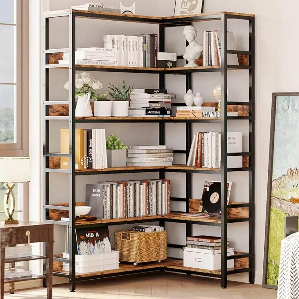 TONGYUE Indoor Modern Black-Brown Industrial Iron Metal Frame Engineered Wood Corner Bookcases-Shelves/Left Side- Size: 11.8" D x 43.3' W x 78" H/Right Side- Size:  11.8" D x 35.4" W x 78" H