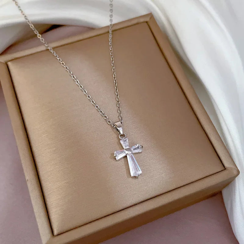 No-EN-Name-Null Women Fine Imitation Stainless Steel Gold-Plated Metal Cubic Zirconia All-Crystal Clear White Shiny Diamond Accents Stones Cross Pendant Necklaces/Colors-Brown/Clear/Green/Gold/Pink