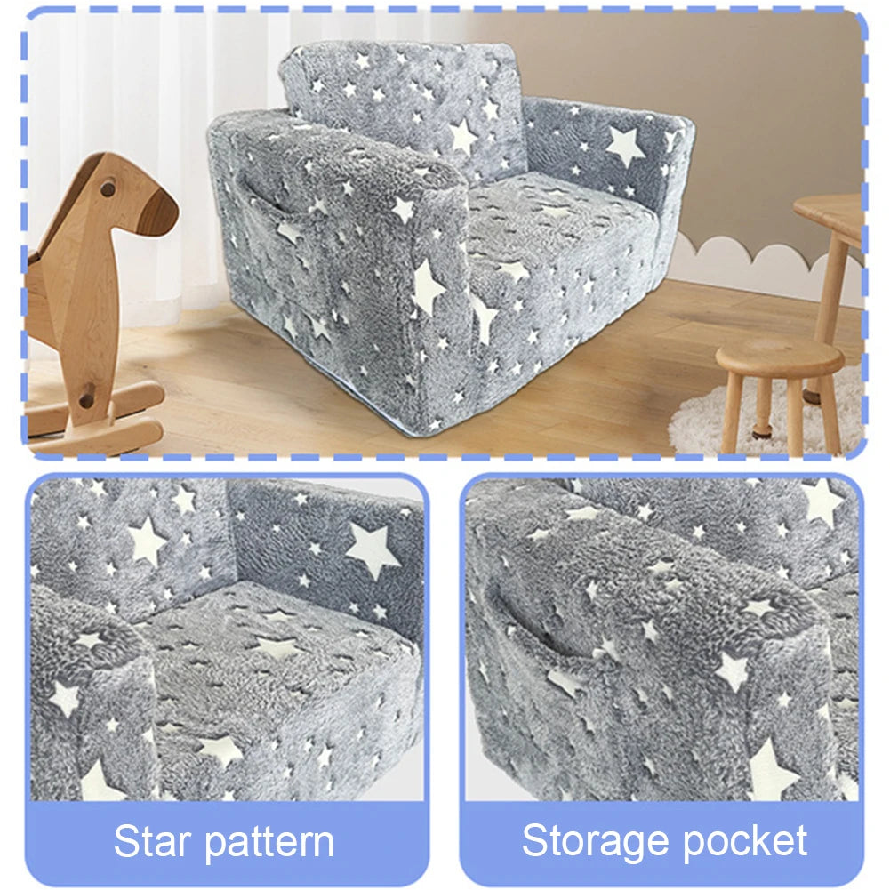 SHUNMAII Modern Babies-Toddlers Upholstered Sponge Padding One-Seat Glow-In-The-Dark-Stars-Half Moons-Clouds Design Soft Gray Polyester Fabric Fold-Out Armchair Play Sofas/Colors-Gray/Multicolor/Animals