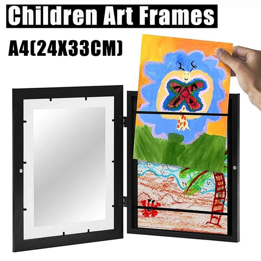 Kids Rectangle Wood Trim Frame Clear Acrylic Magnetic Suction Closure Display A4 Artwork Frames/Colors-Black/Brown/White/Beige/Blue/Elastic Band/Hook