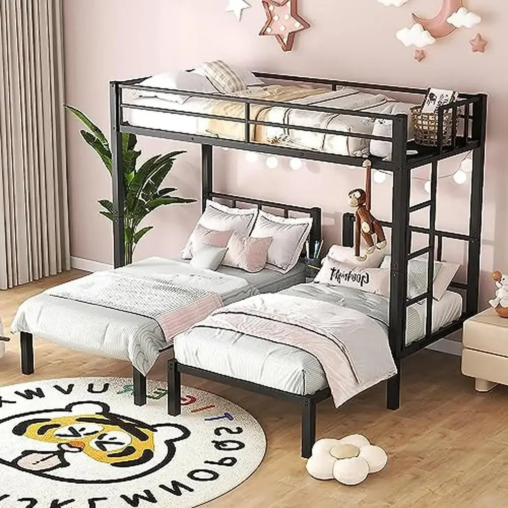 DUTRIEUX Kids Black Three Twin Mattress Metal Powder Coated Frame Bunk Beds/ Sturdy Built-In Ladder/Full-Length Upper Safety Guardrails/Detachable Bunk Beds