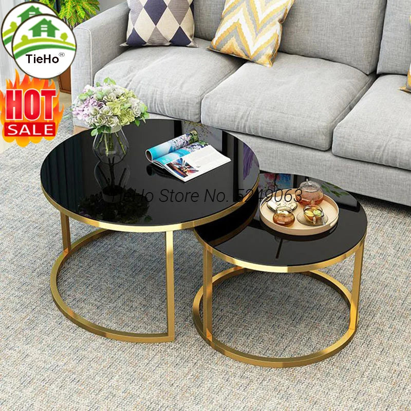 TIEHO Modern 2-In-1 Combination Cafe Black Round Shaped Tempered Glass Tabletop White Iron Metal Frame Base Nesting Coffee Table Sets