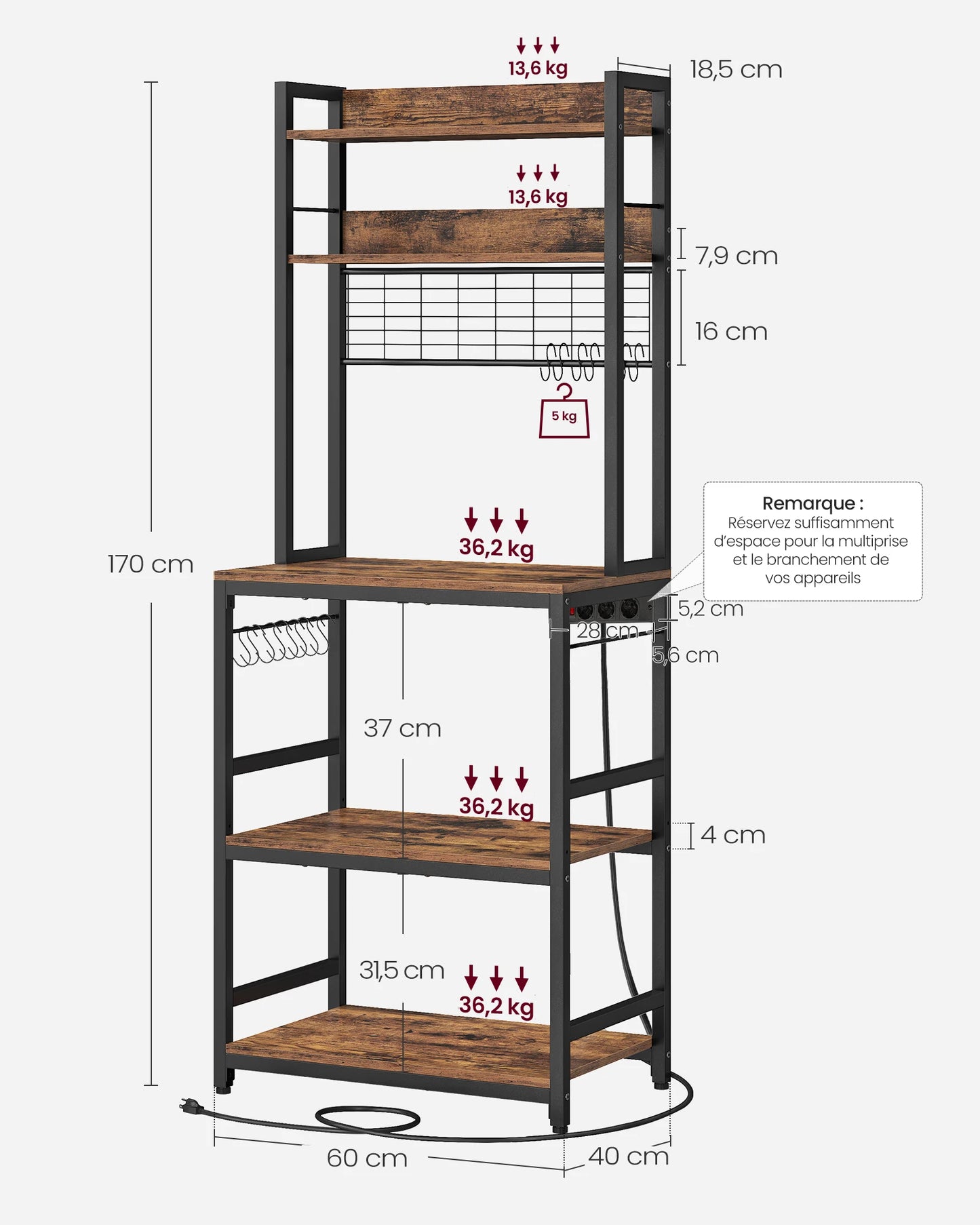 VASAGLE Kitchen-Dining Room Free-Standing Steel Metal Framed Pressed MDF Wood Storage Shelves Microwave Cabinets /Mesh Panel/ 14 Hooks /Colors-Brown/White/Black