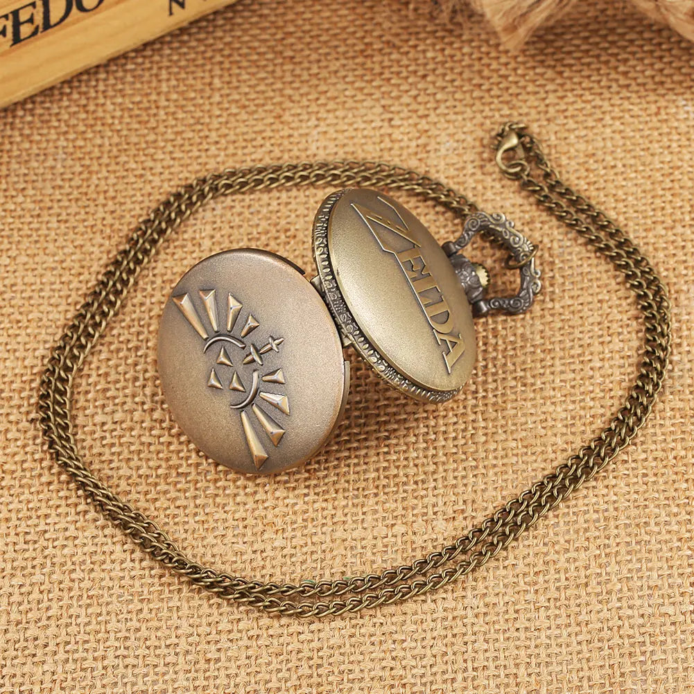YISUYA Adults Antique ZELDA Design Quartz Acrylic Face Analog Display Steampunk Retro Bronze Round Shaped Metal Alloy Case Bronze Thick-Thin Pendant Necklace Chain-Pocket Watches