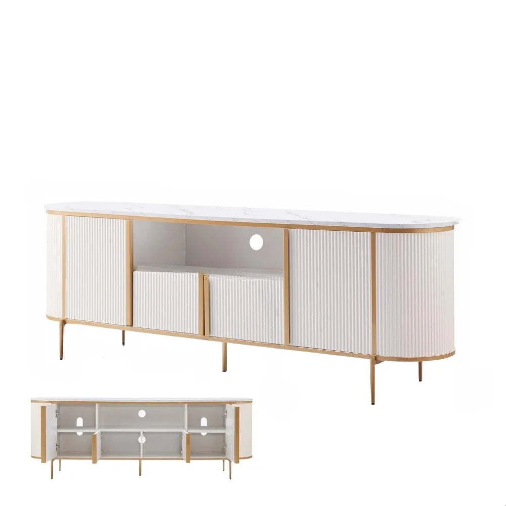 No-EN-Name-Null Modern Adjustable Dimensions Cable Managing-White Fluted Gold Metal Accents Curved Profile Design Entertainment Centers-TV Stands /Holds TVs Up to 80 inches/Colors-Navy Blue/White/Natural Oak