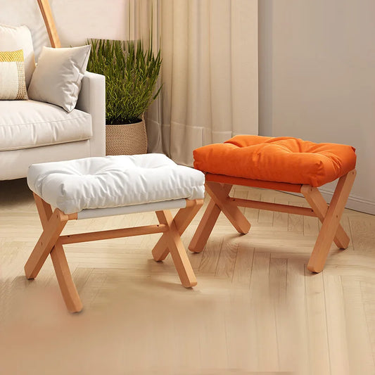 Small Solid Wood Foldable Low Foot Stools w/ Upholstery Cotton Cushion/Colors-Orange/White/Brown/Gray