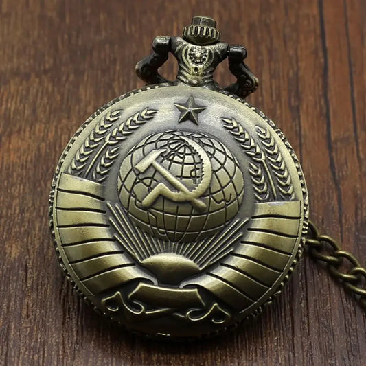 Unisex Antique Quartz Plastic Mirrored Round Acrylic Dial Digital Display USSR Soviet Badges Sickle Hammer Bronze Metal Pocket Watch-Bronze Pendant Chain