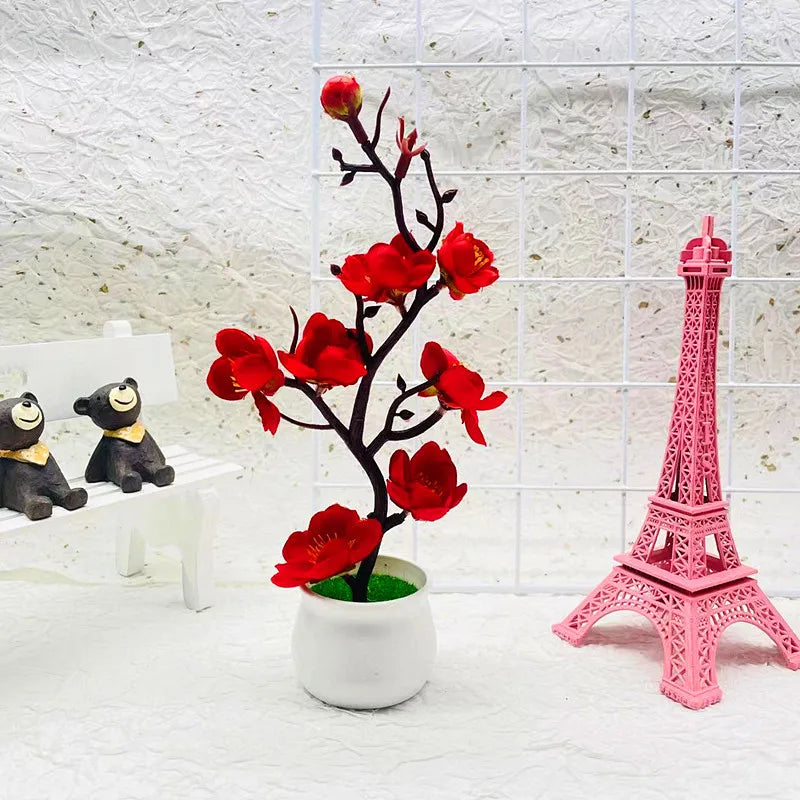 Small Plastic Artificial Realistic Red Bonsai Rosales Flowering Plum Blossom Potted Plants