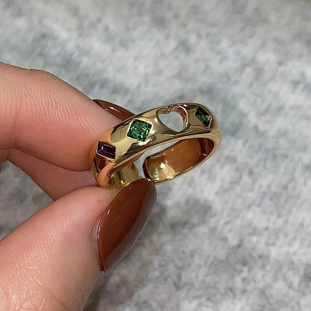 XPEL Adult Women Fine Imitation Stainless Steel 18k Gold-Plated Multicolor Hearts-Diamonds Cubic Zirconia Round Wedding Band Rings/Colors-Green/Gold/Clear/Pink/Multicolor