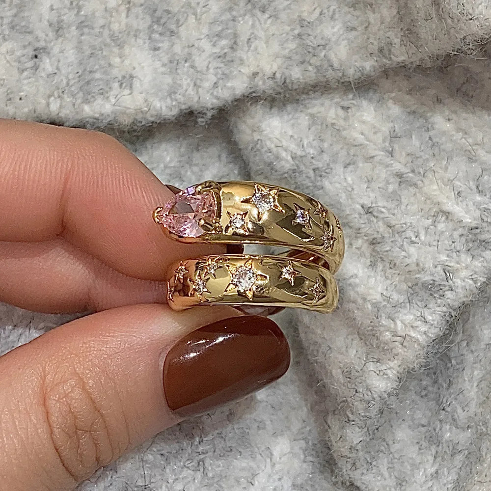XPEL Adult Women Fine Imitation Stainless Steel 18k Gold-Plated Multicolor Hearts-Diamonds Cubic Zirconia Round Wedding Band Rings/Colors-Green/Gold/Clear/Pink/Multicolor