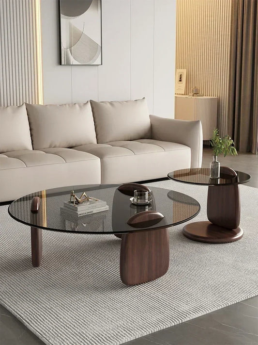 No-EN-Name-Null 2 PCS Modern Brown-Gray Thick High Tempered Glass Round Shaped Tops Solid Oak Rubberwood Three-Legged Design Coffee Table Sets/Easy To Clean/Colors-Gray Glass Tops/Brown Glass Tops
