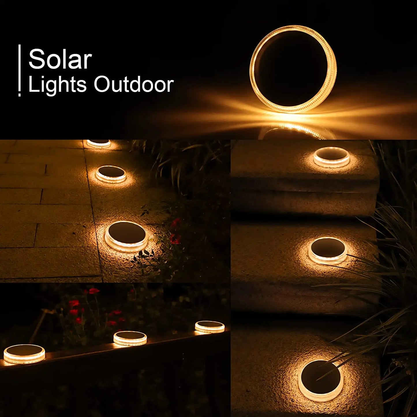 WILLED 4 PCS Outdoor Waterproof Anti-Rust-Corrosion Warm White LED Solar-Powered Automatic On-Off Switch Control Glowing Blue-Black-White Round Plastic Body Built-In Battery 3M Self-Adhesive Stick Bottom Floor Pathway Lighting
