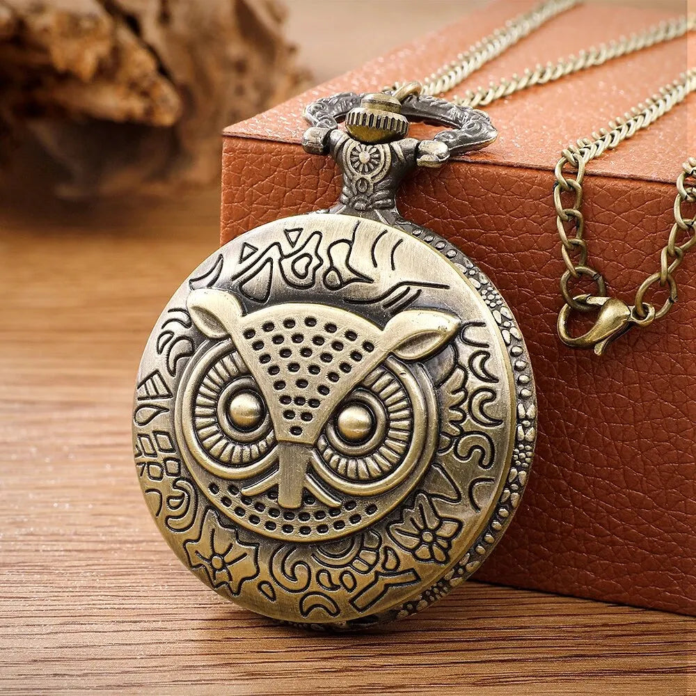 No-EN-Name-Null Adults Waterproof Antique Quartz Glass Face Bronze Round Shaped Metal Alloy Case Analog Display Cute Cartoon Night Owl Head Chain-Pocket Watches