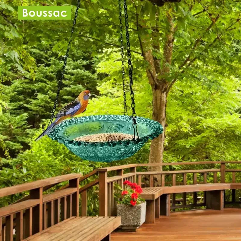 No-EN-Name-Null Outdoor Garden Hanging Black Chains Blue-Green Plastic Floral Design Bowl Bird Feeders/ Or Bird Baths