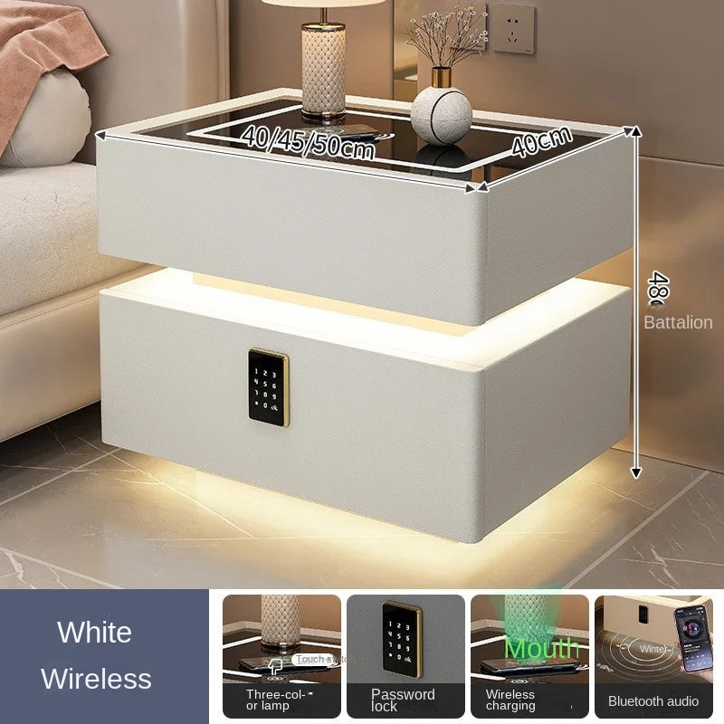 OMGD Modern Dark Gray Square Shaped Scratch-Resistant Black Glass Top Smart Touch Sensing-Password Lock Design Quick Wireless Charging-Listening Bottom Hidden Bluetooth Audio Speaker Lighted Solid Wood Nightstands/ Colors-Dark Gray/Light Gray/Khaki/White