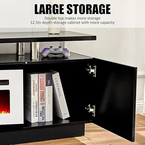 XMSJ Modern LED Lighted Rectangle Shaped Remote Control With Heat-Without Low Electric Realistic Flame Fireplace Entertainment Center-TV Stands/4800 BTU Output /Power: 750W-1500W/2-4 Storage Shelves/ 2 Cabinets/Holds Up To 80 Inch Flat Screen TV's