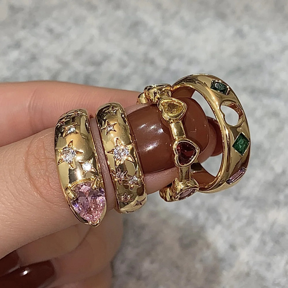 XPEL Adult Women Fine Imitation Stainless Steel 18k Gold-Plated Multicolor Hearts-Diamonds Cubic Zirconia Round Wedding Band Rings/Colors-Green/Gold/Clear/Pink/Multicolor