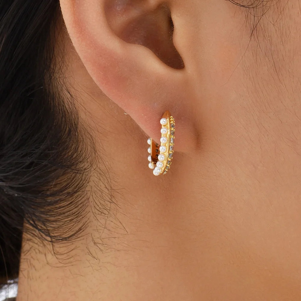 EARPELS Adult Women Fine Imitation Copper Gold Plated Plastic Resin Small Round Circle Inlay Clear Cubic Zirconia-White Pearls Hoop Huggies Earrings/Colors-Clear/Gold/Geometric