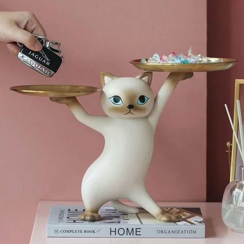 No-EN-Name-Null Modern Front Door Resin White Cat Blue Eyes Holding Two Gold Key Caddy Tray In His-Her Paws Animal Figurines /Colors-Gray/White/Gold/Blue/Brown/Animal/Multicolor