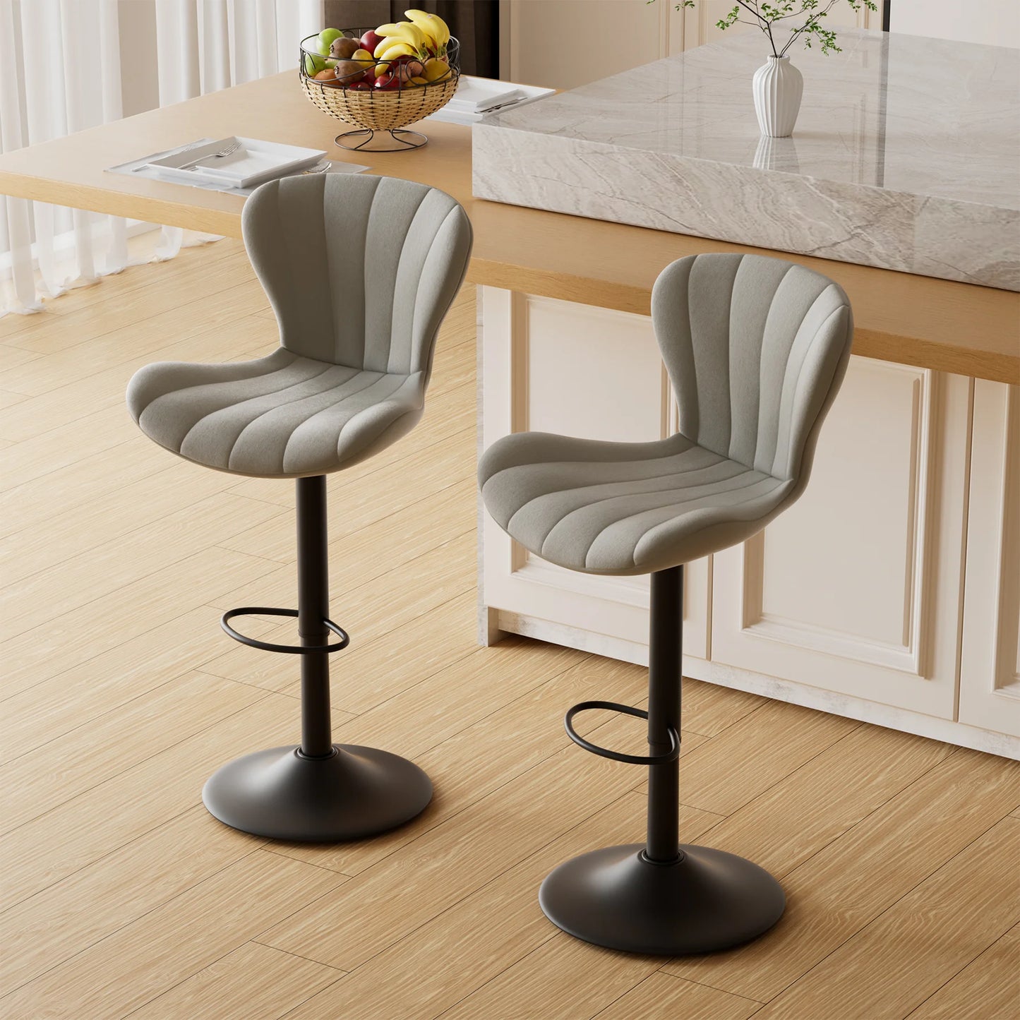 No-EN-Name-Null 2 PCS Waterproof Low Backrest Armless Upholstered Padded Shell Shaped Soft Faux Leather Fabric Seat Cushion Black Metal Round Base-Footrest Bar Kitchen-Dining Room Chair Sets /Colors-White/Beige/Gray/Black/Brown