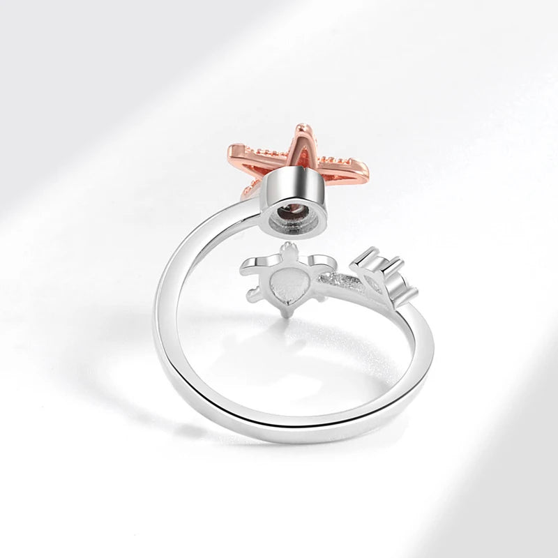 KOFSAC Women-Girls Sterling Silver Metal Austrian White Crystal Cubic Zirconia Tension Mount Twisting Cute Inlaid Pearl Starfish-Blue Stones Turtle Sea Creatures Design Rings