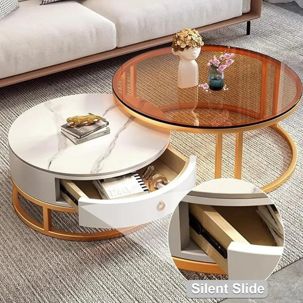 RUO WU Modern Two-In-One Brown Glass Top Metal Frame Base Nesting Coffee Tables/1 Drawer/ Size: 74"D x 74"W x 31"H/Colors-Clear/White/ Silver/ Multicolor