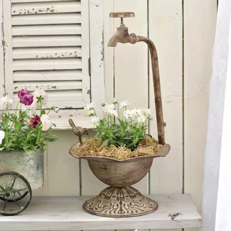No-EN-Name-Null Outdoor Home Garden Free-Standing Antique Bronze Metal Faucet-Small Bird Plastic Flowerpot Hallow Base Spa Synthetic Birdbaths/ Colors-Bronze/Brown/White/Gray/Floral