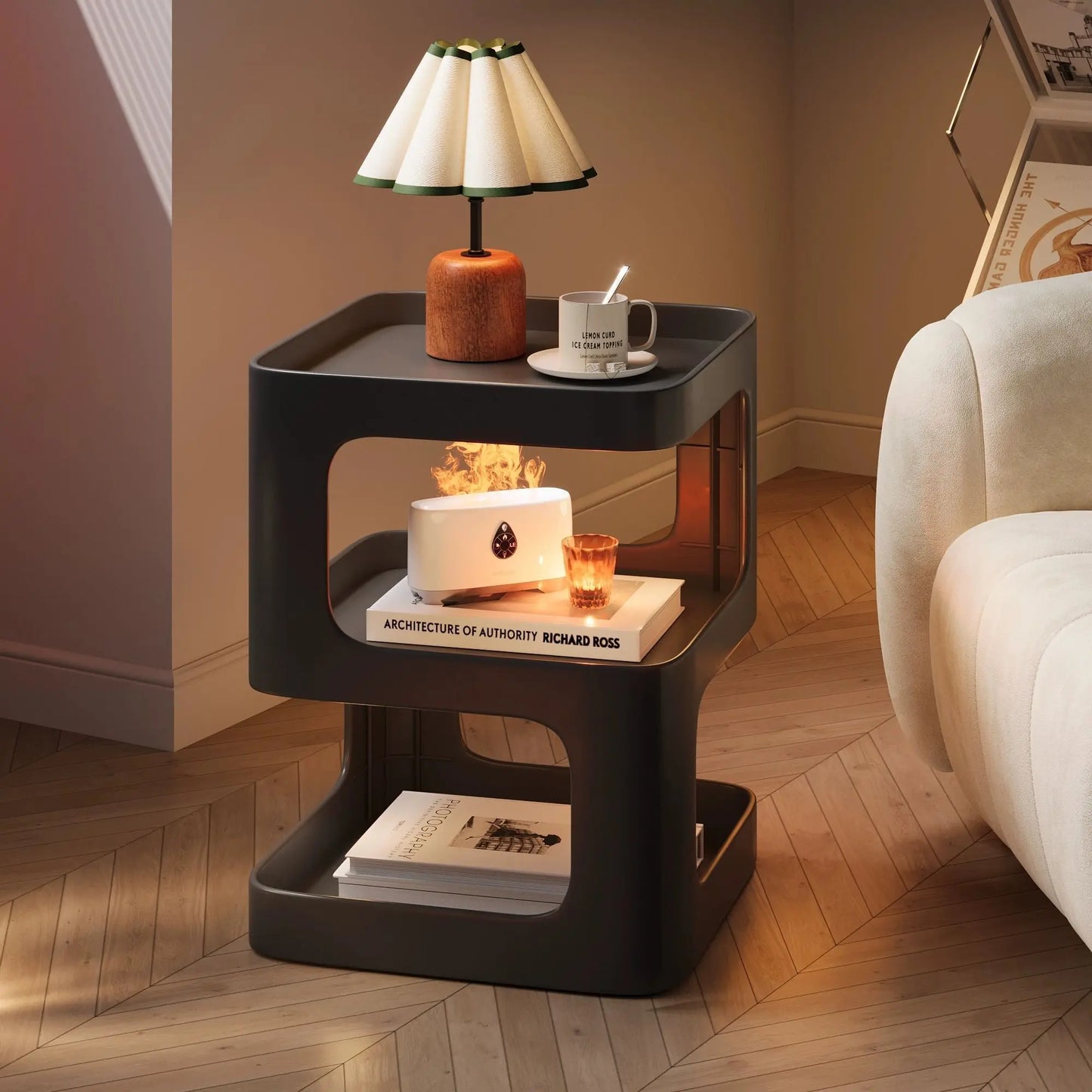 Modern Hallow-Out 2 Tier Super Heavy Duty White Plastic Square Shaped Curved Corners End Tables/Colors-Green/Black/White/ Size: 35cm x 35cm x 45cm
