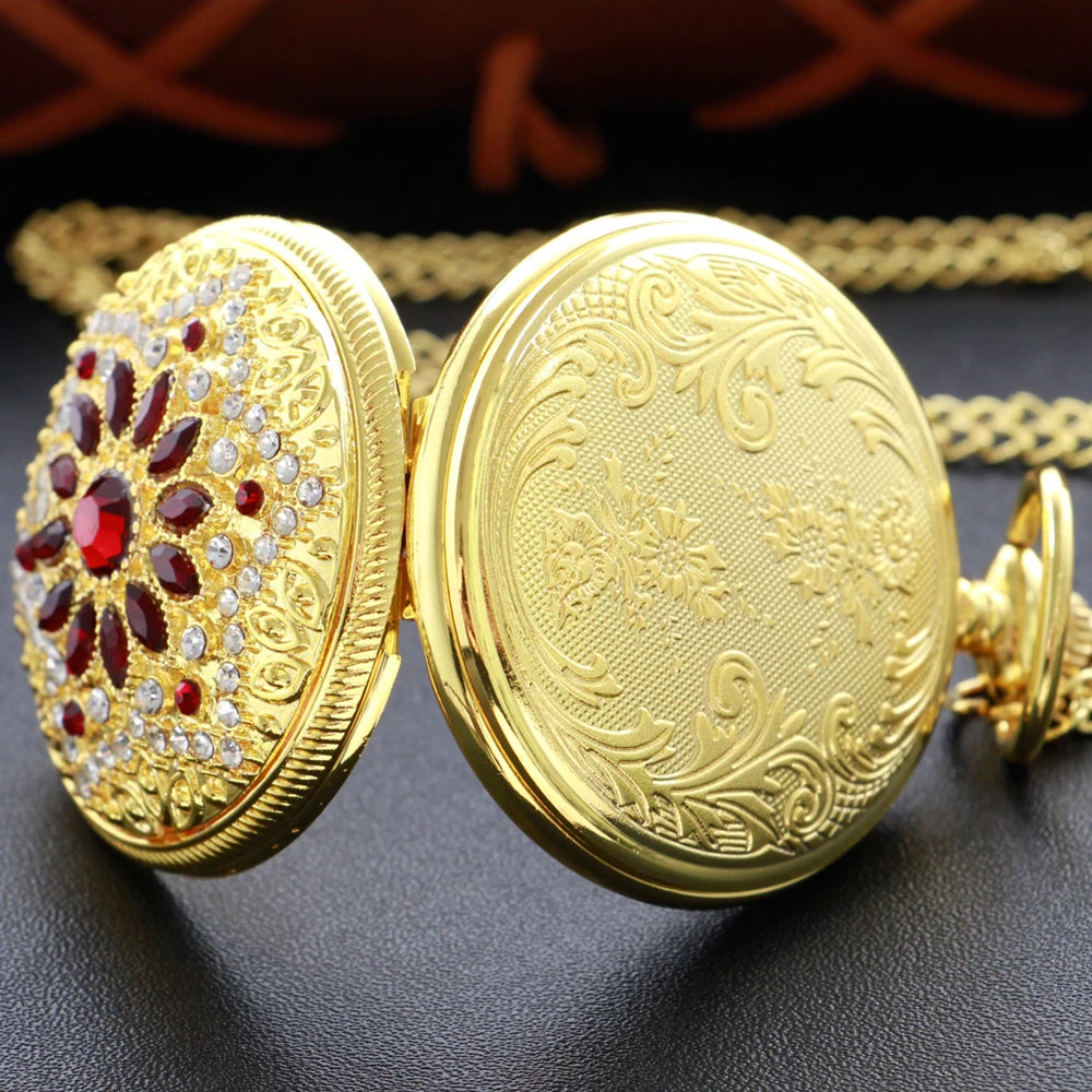 SHUHANG Adults Quartz Analog-Digital Display Gold-Red Ruby Stones On Front-Floral Design On Back Round Shaped Stainless Steel Metal Case Hardlex Face Necklace Chain-Pocket Watches