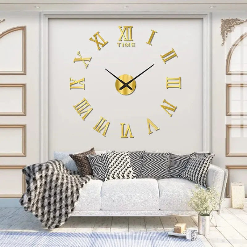 European Large Round DIY EVA Self-Adhesive Single Face Metal 3D Acrylic Mirror Digital Roman Numeral Quartz Wall Clocks/Colors-Geometric/Black/Silver/Gold