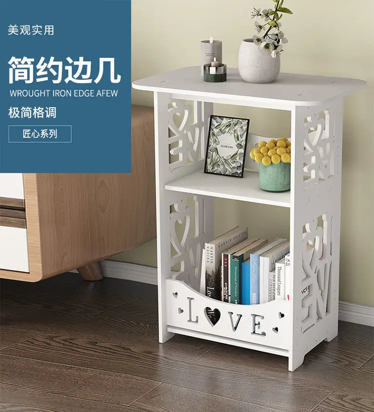 No-EN-Name-Null Modern Small White Rectangle Top Handmade Wood Carved LOVE-Tiny Hearts Design Two Shelves Nightstands