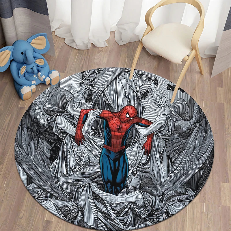 MINISO Round Shaped HD Printed Red Background MARVEL Spider Man Design Anti-Slip Plastic Dots Bottom Fade Resistant Soft Velvet Polyester Fabric RUGS /Colors-Orange/Blue/Red/Multicolor