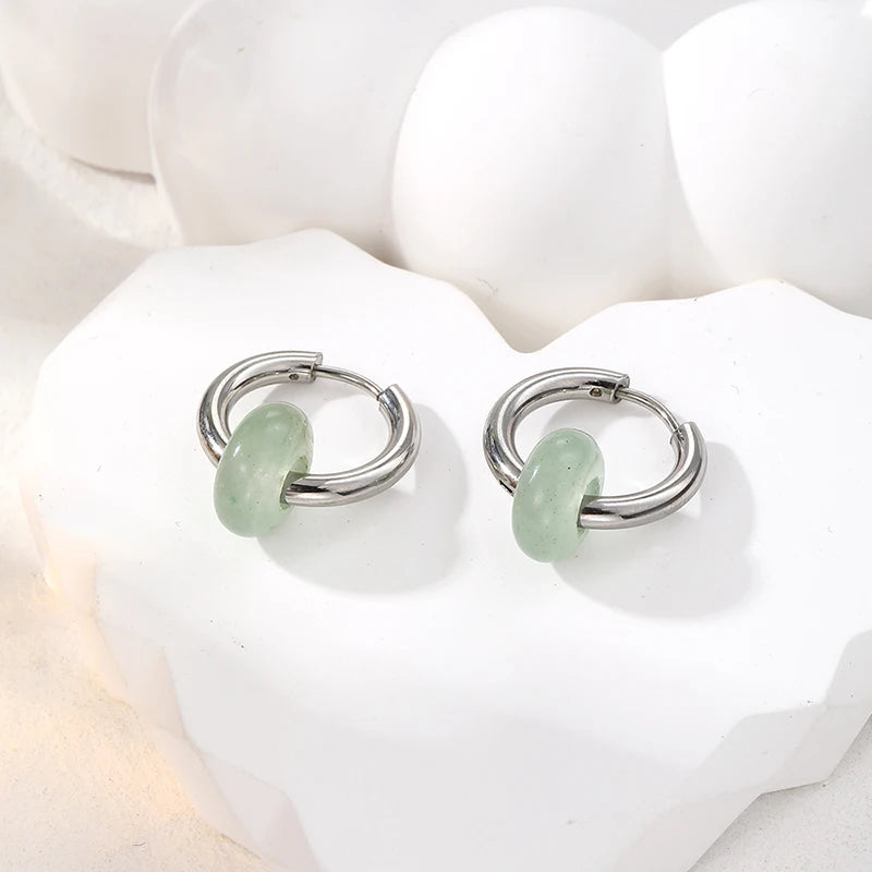 DAYOFF Adult Women Fine Imitation Silver Stainless Steel Metal Natural Green Stones Earrings/Colors-Green/Blue/Multicolor/Silver