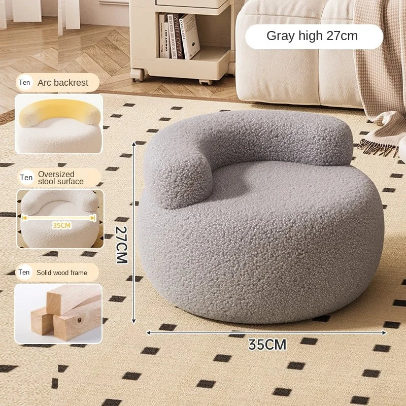 MLING Kids Modern Free-Standing Small Pink Round Shaped Low Curved C-Shaped Backrest Soft Comfortable Upholstered Padded Lamb Wool Fleece Fabric Cushions Solid Wood Frame Wear-Resistant Foot Pad Sofa Stool Ottomans/ Colors-White/Pink/Gray/Black